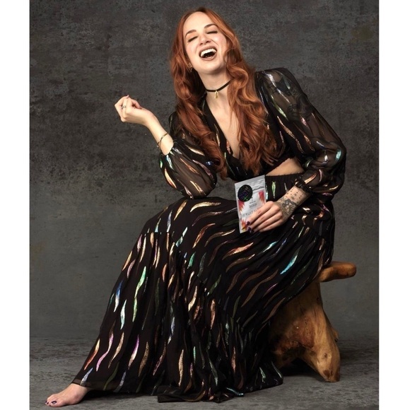 SHOSHANNA Rainbow Metallic Chiffon Puff Long Sleeve Cutout Waist Maxi Gown 10 - Picture 6 of 12